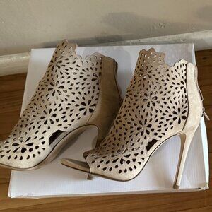 ALDO Laser-Cut Peep-Toe Bootie Heels – Nude/Beige – Size 7 (Lightly Used)